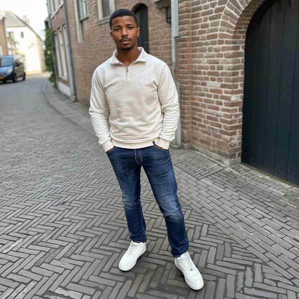 LUNIO Pullover mit halbem Reißverschluss | Beige - Herren