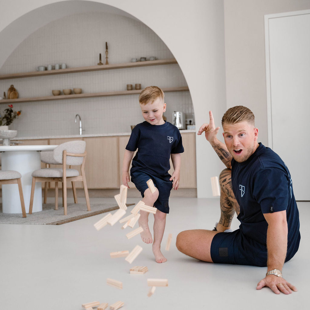 Twinning zwembroek navy blauw vader en peuter, zo vader zo zoon look Frenky S