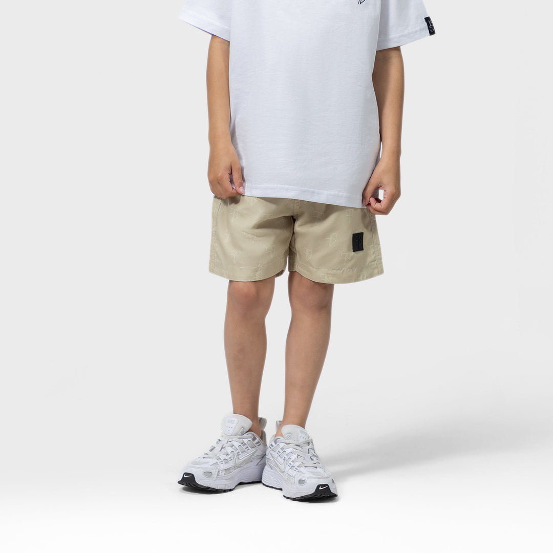 beige zwembroek voor kinderen met luxe logo print en snel drogend 