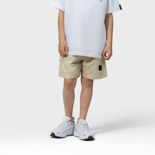 beige zwembroek voor kinderen met luxe logo print en snel drogend 
