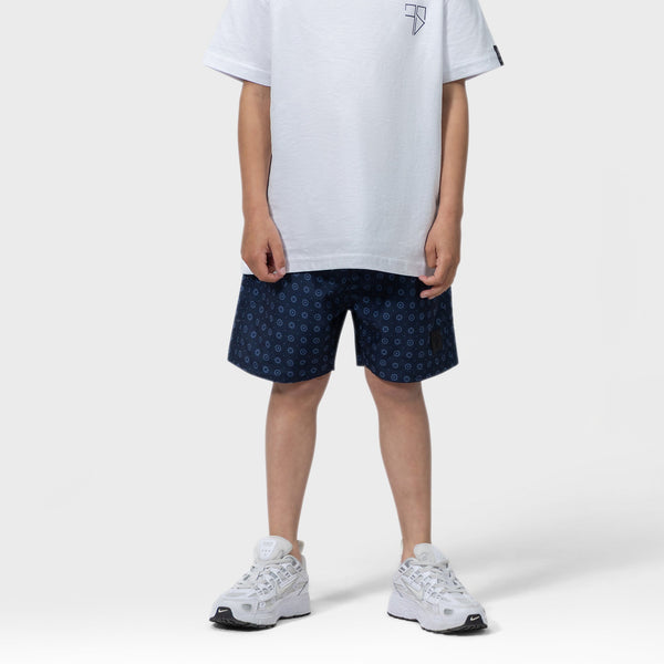 donkerblauwe navy zwembroek voor jongens met een luxe designer print