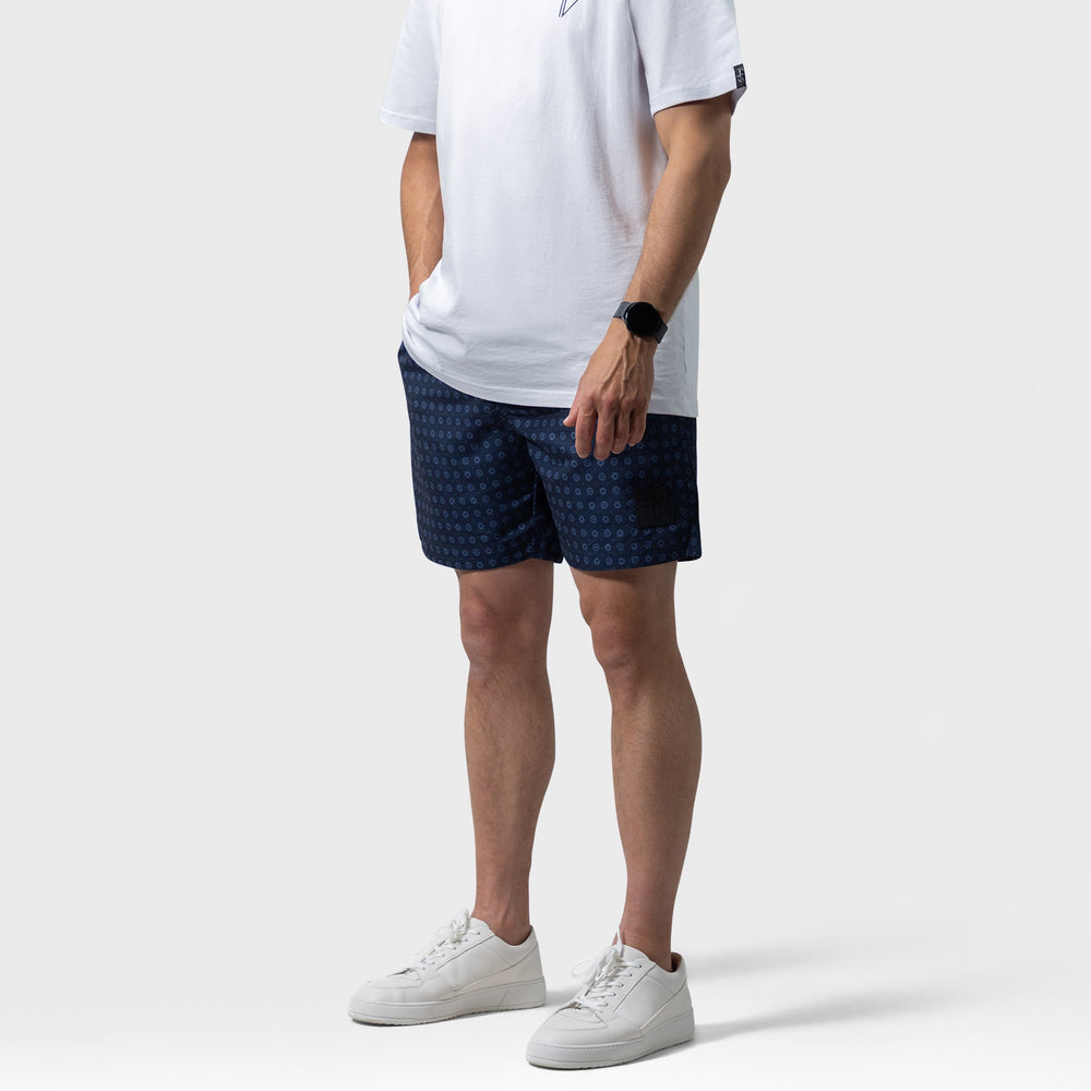 donnkerblauwe heren zwembroek met luxe designer print en ritsen in de zak