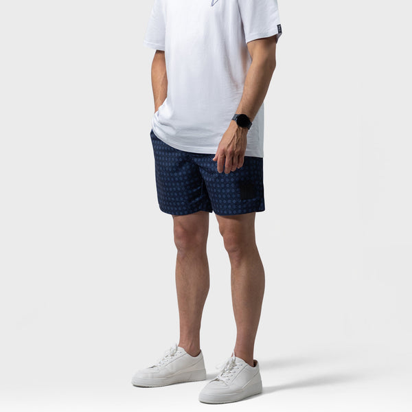 donnkerblauwe heren zwembroek met luxe designer print en ritsen in de zak