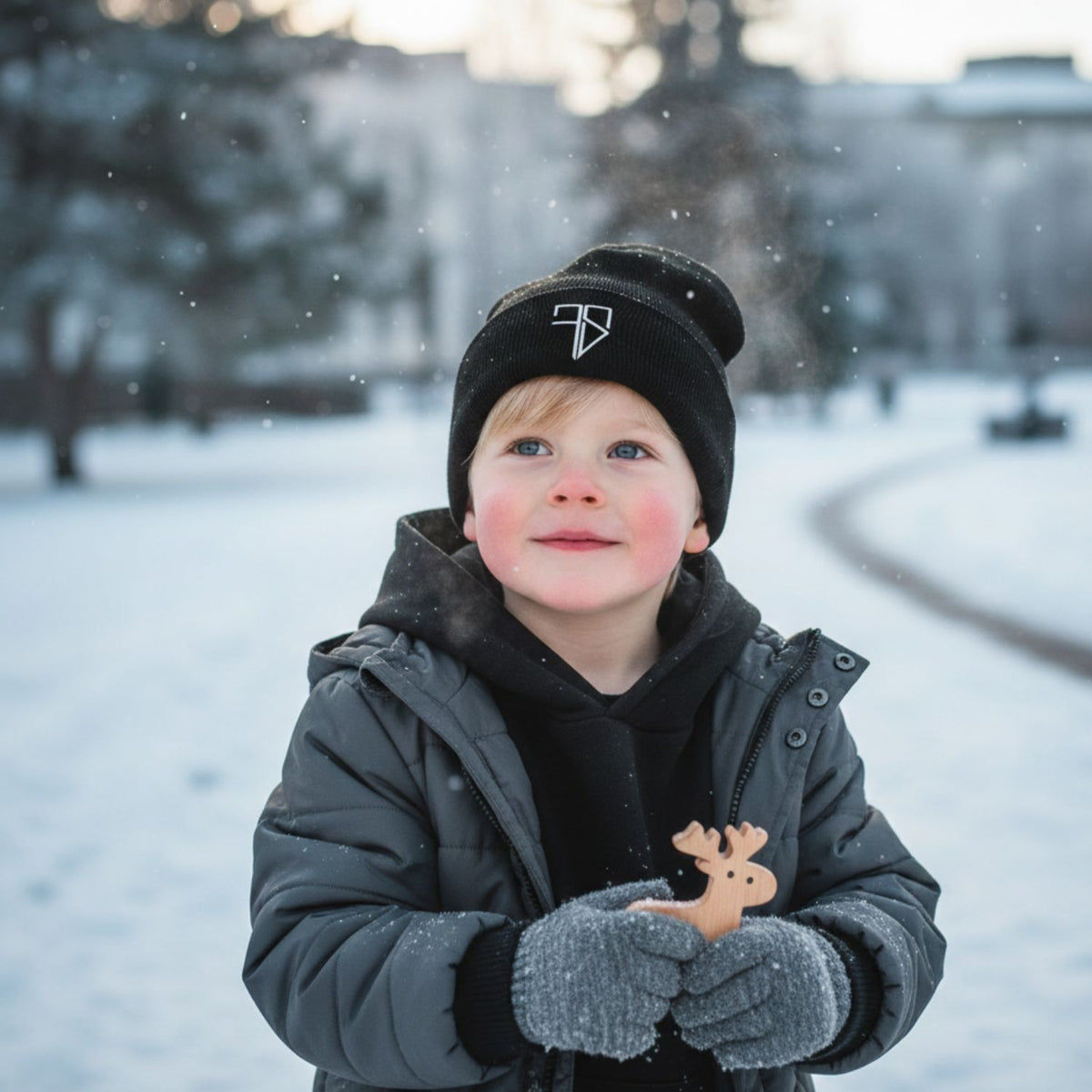 Zwarte beanie muts kind warm kriebelt niet Frenky S borduring