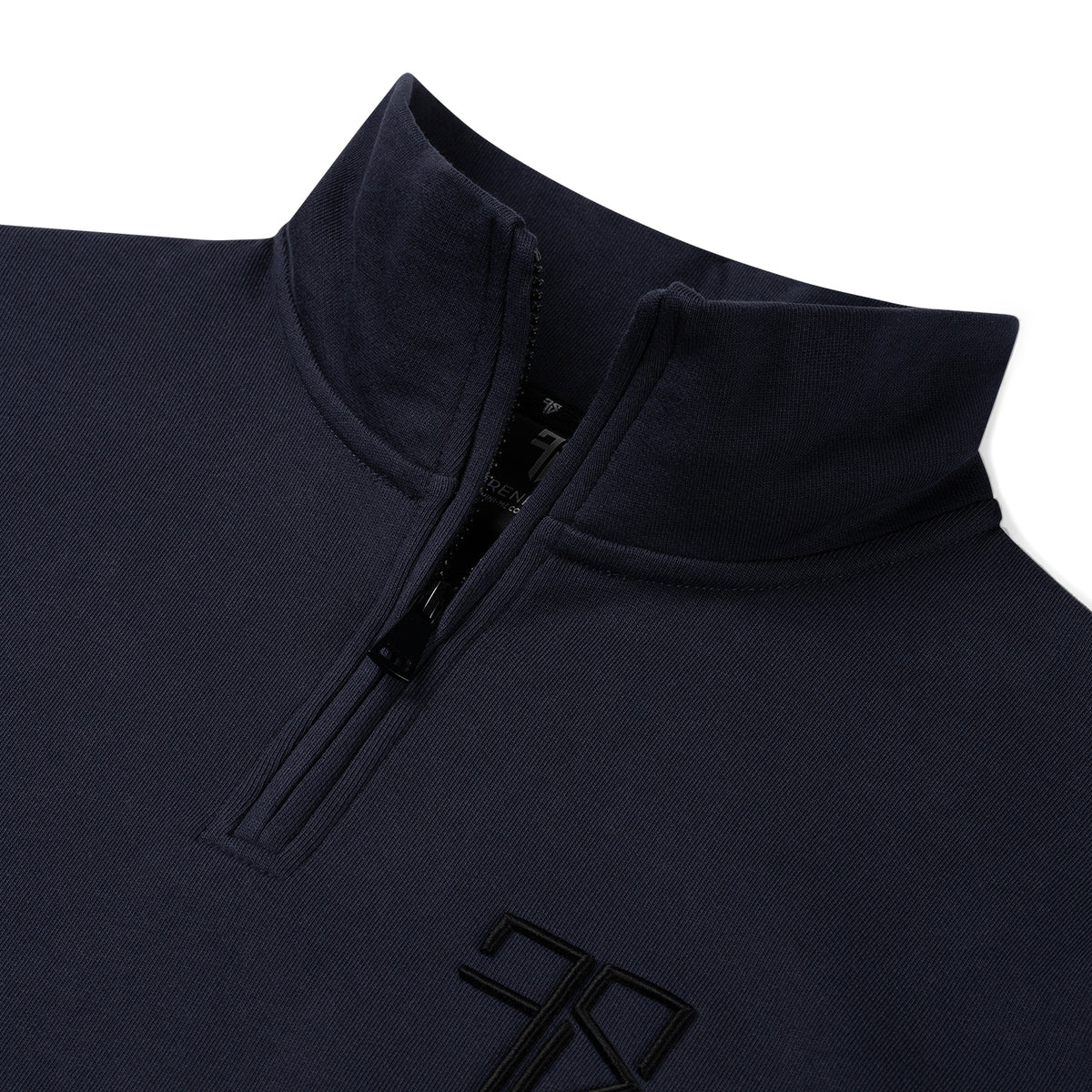 Heren halfzip sweater donkerblauw Lunio stof textuur 100% katoen detail