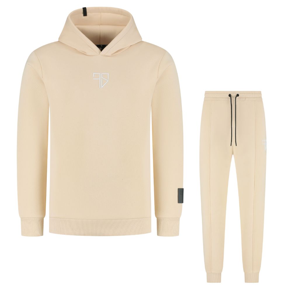 Heren trainingspak beige Enzo hoodie met witte Frenky S rugbedrukking
