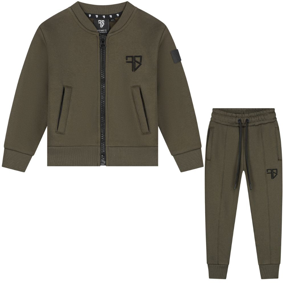 Kinder trainingspak jongens army groen Monty vest met rits voorkant