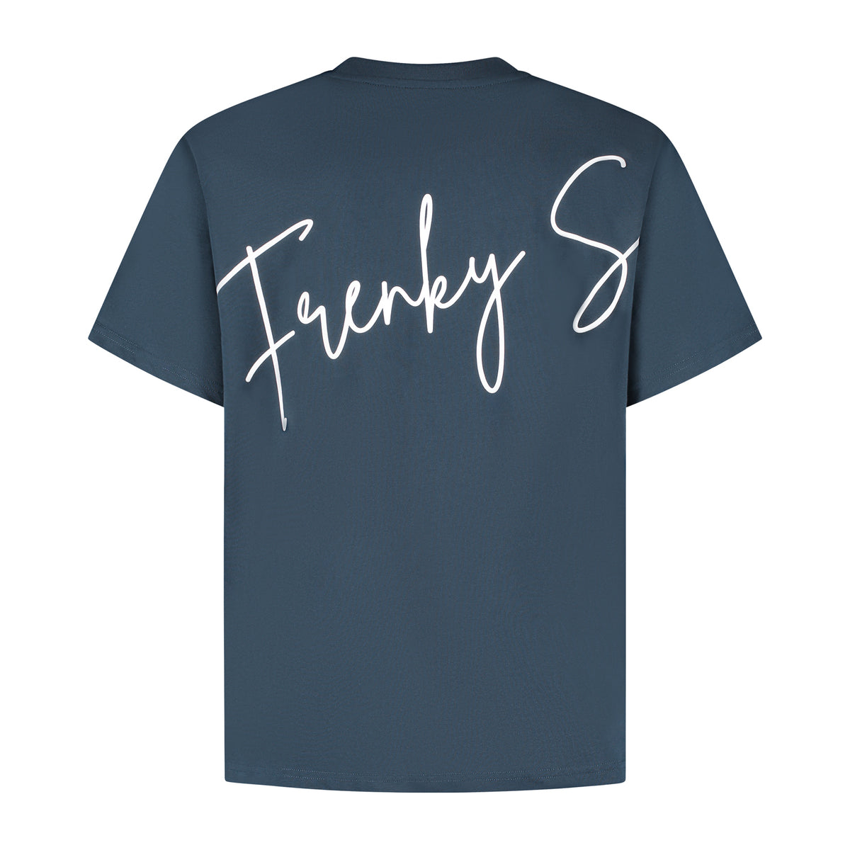 Detail laserbedrukking rug navy RIO t-shirt heren Frenky S