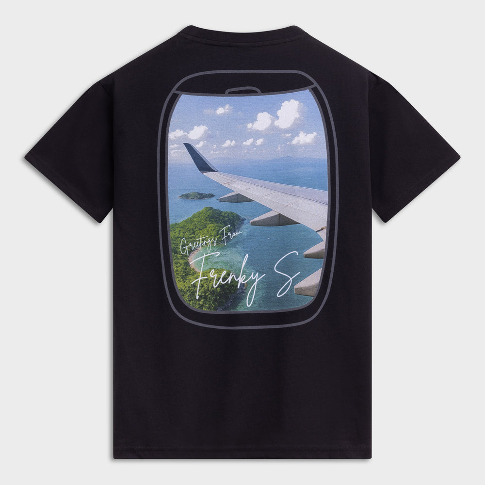 Heren t-shirt zwart TRAVEL rugprint Koh Samui vliegtuigraampje Frenky S