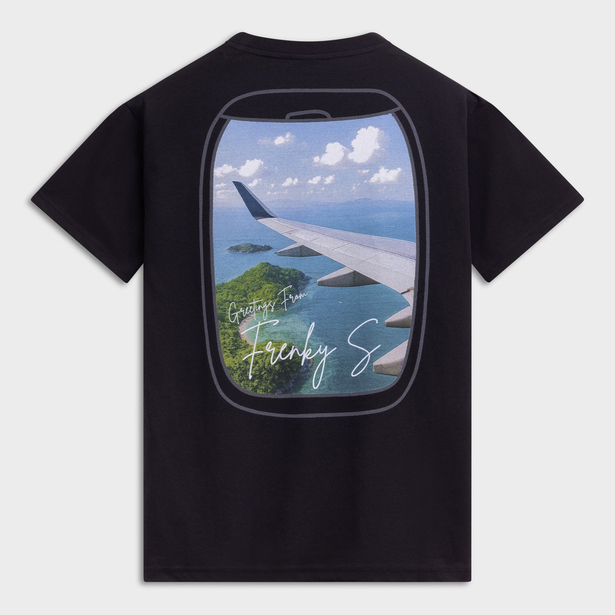 Heren t-shirt zwart TRAVEL rugprint Koh Samui vliegtuigraampje Frenky S