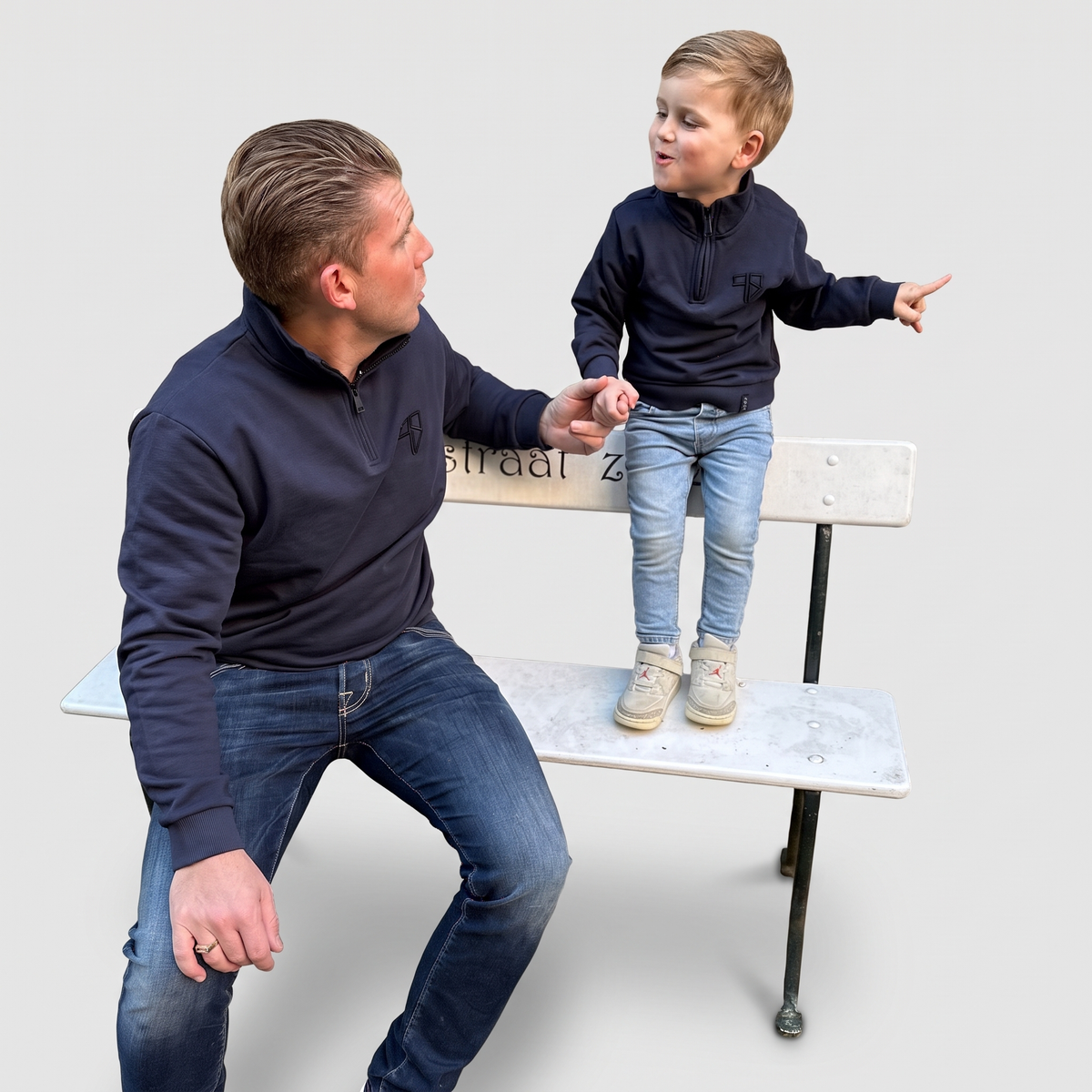 Lunio halfzip sweater donkerblauw vader en zoon