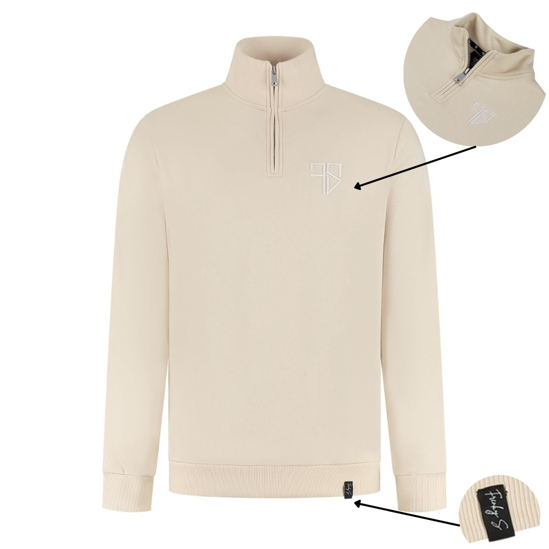 Vader en zoontje beige Lunio halfzip sweater achterkant logo matching