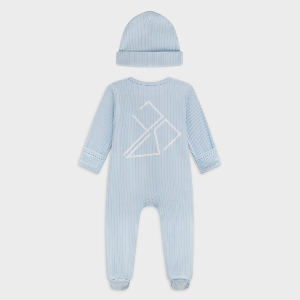 Lichtblauw boxpakje baby Frenky S, detail rits en voetjes