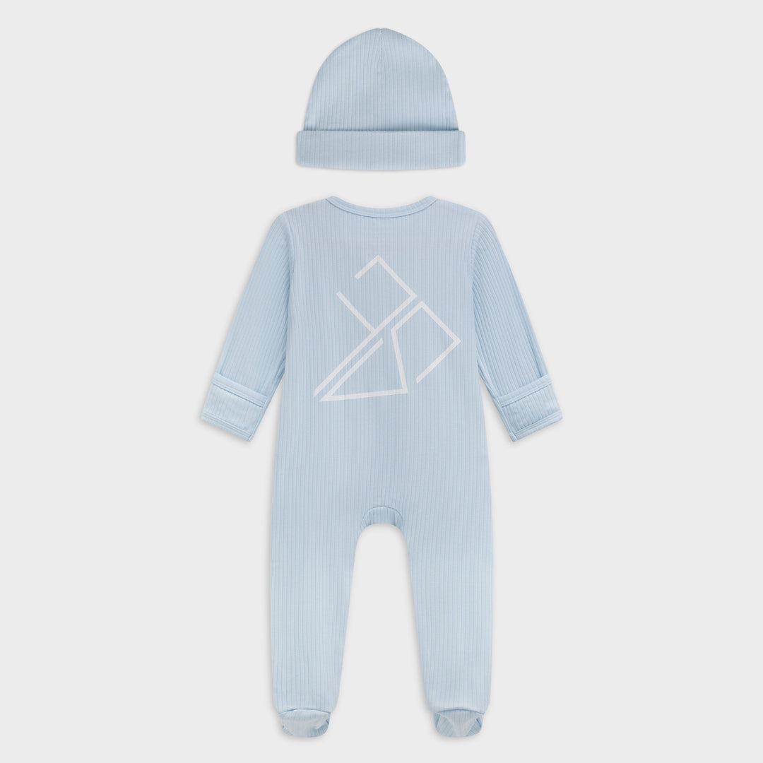 Lichtblauw boxpakje baby Frenky S, detail rits en voetjes