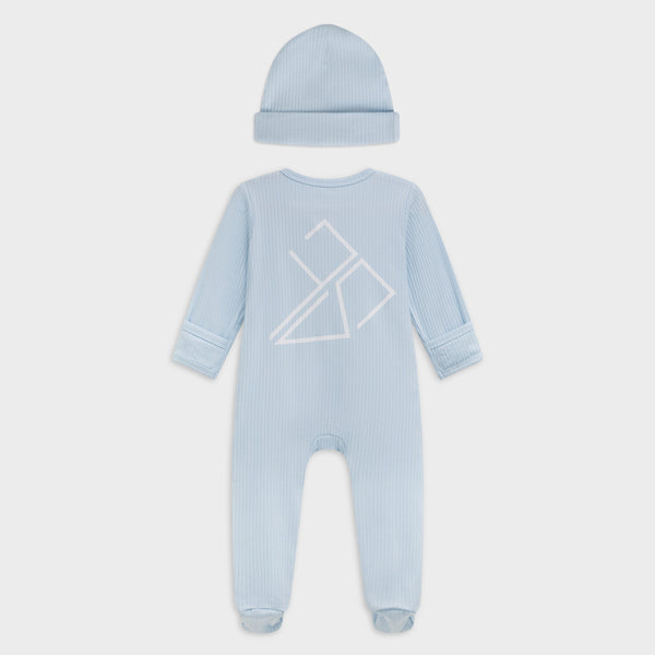 Lichtblauw boxpakje baby Frenky S, detail rits en voetjes