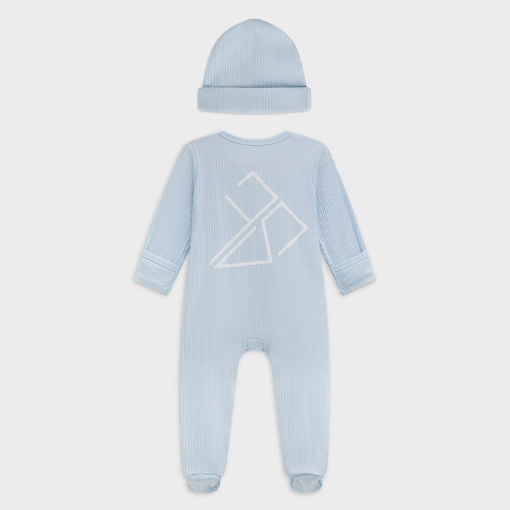 Lichtblauw boxpakje baby Frenky S, detail rits en voetjes